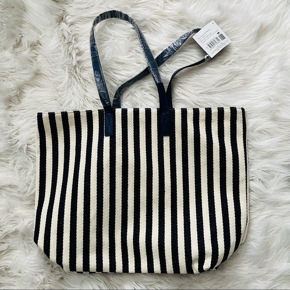 Barnes & Noble Vertical Navy Striped Large Canvas Shopper Tote Bag - Picture 1 of 3